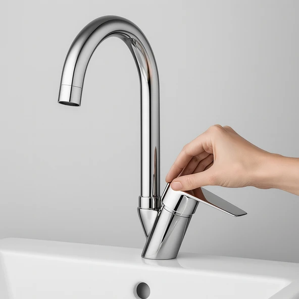 Premium Eviye Bataryası Sıcak Soğuk Ayarlı Tek Kollu Aç Kapa Krom Lavabo Modern Duvar Tipi Armatür - Resim 2