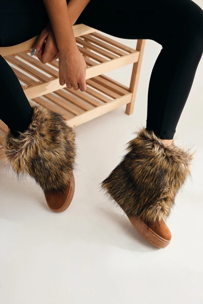 Taba Süet Gizli Topuklu Tüylü Kadın Bot - Resim 3