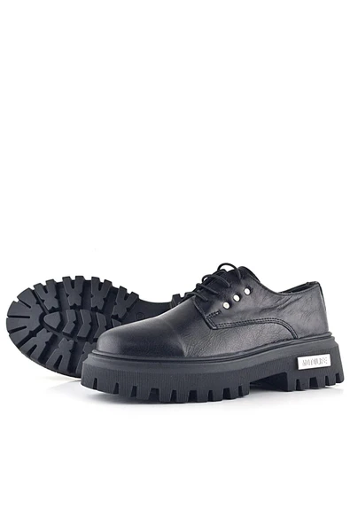 Rakerplus Siyah Kırışık Hakiki Deri Bağcıklı Metal Detaylı GünlükOxford Ayakkabı - 6