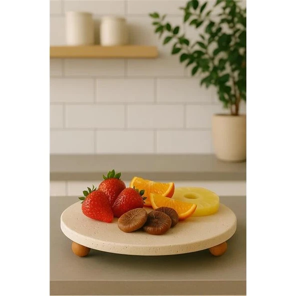 Akayev Traverten 28 Cm Ahşap Boncuk Ayaklı Sunumluk - 4