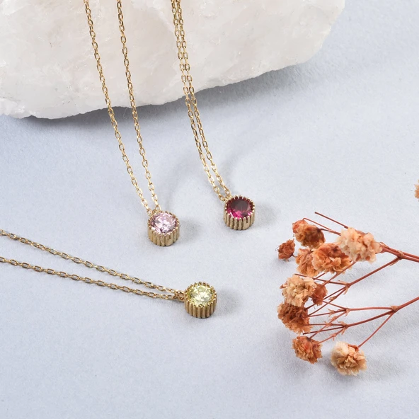 14 Ayar Altın Kaplama Kişiselleştirilebilir Doğum Ayı Tektaş Gümüş Kolye - CNS00641 ürün görseli 1