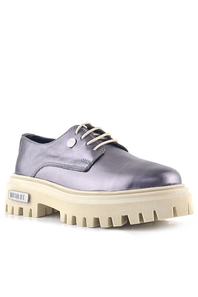 Rakerplus Platin Hakiki Deri Metal Detaylı Bağcıklı Günlük Oxford Ayakkabı ürün görseli