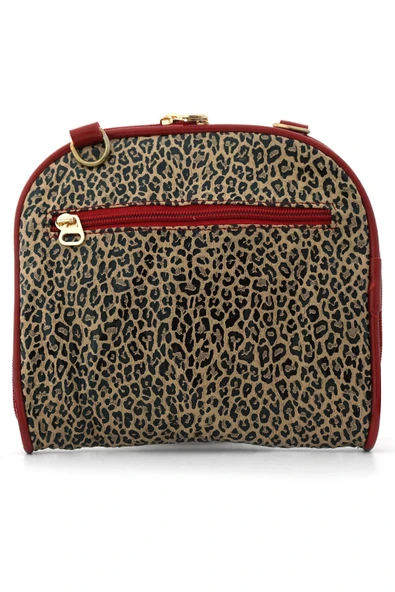 Kahverengi Leopar Desenli Kırmızı Çift Ebat Portatif Alışveriş Çantası - Resim 2