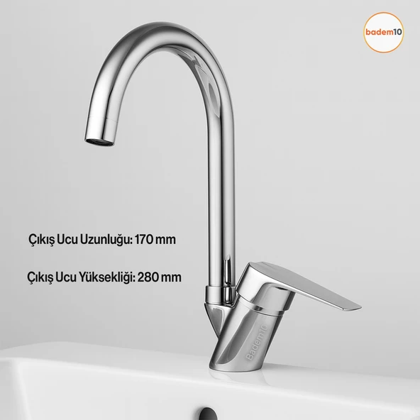 Premium Eviye Bataryası Sıcak Soğuk Ayarlı Tek Kollu Aç Kapa Krom Lavabo Modern Duvar Tipi Armatür ürün görseli