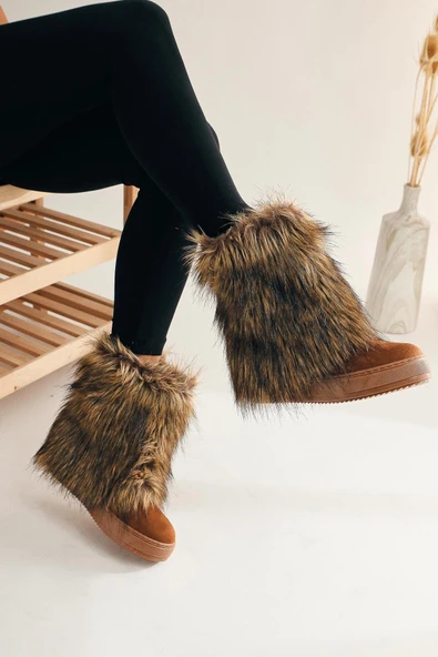 Taba Süet Gizli Topuklu Tüylü Kadın Bot - Resim 2