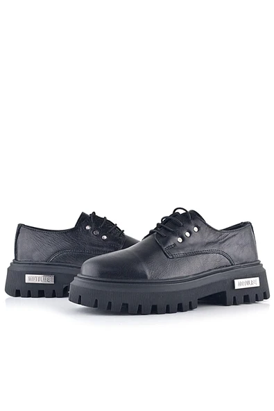 Rakerplus Siyah Kırışık Hakiki Deri Bağcıklı Metal Detaylı GünlükOxford Ayakkabı - Resim 7