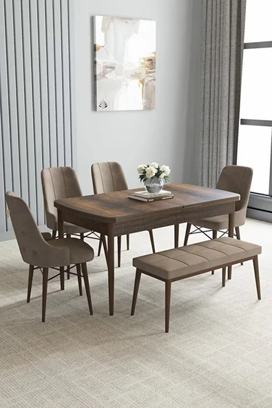 Loft Barok Desen 80x132 Açılabilir Mdf Masa Yemek Odası Takımı, Mutfak Takımı 4 Sandalye, 1 Bench Cappucino - 2