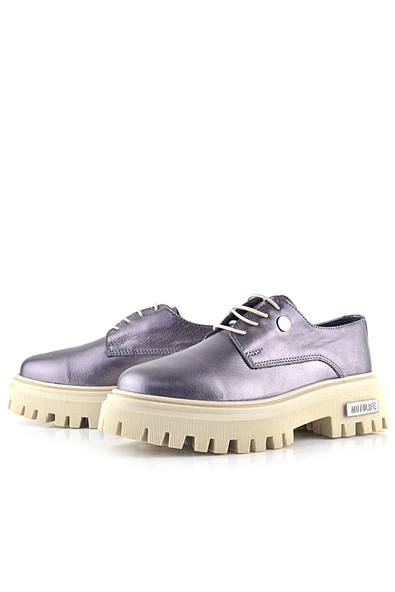 Rakerplus Platin Hakiki Deri Metal Detaylı Bağcıklı Günlük Oxford Ayakkabı - Resim 6