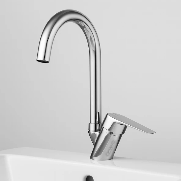 Premium Eviye Bataryası Sıcak Soğuk Ayarlı Tek Kollu Aç Kapa Krom Lavabo Modern Duvar Tipi Armatür - Resim 3