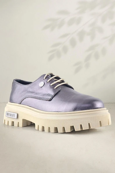 Rakerplus Platin Hakiki Deri Metal Detaylı Bağcıklı Günlük Oxford Ayakkabı - Resim 4