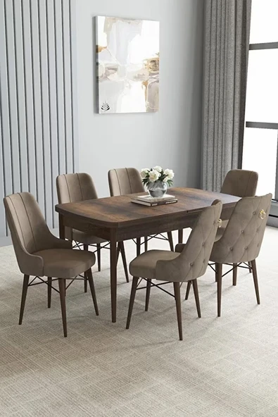 Loft Barok Desen 80x132 Açılabilir Mdf Masa Yemek Odası Takımı, Mutfak Takımı 6 Sandalye Cappucino
