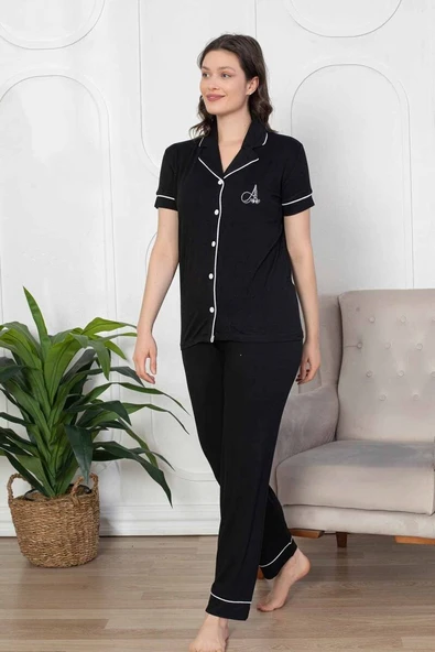 Kadın Likralı Pamuklu Penye Mevsimlik Boydan Önden Düğmeli Gömlek Yaka Kısa Kol Pijama Takımı - 6