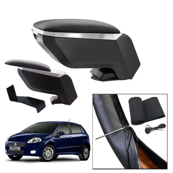 Lüks Set Fiat Grande Punto 2009 Delmesiz Çelik Ayaklı Gri-Siyah Kolçak Kol Dayama, Direksiyon Kılıfı ürün görseli 1