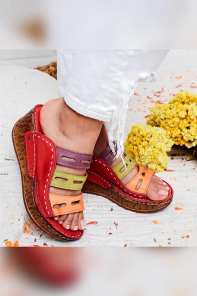 Hakiki Deri Kırmızı Oranj Yeşil Mor Lazer Kesim Tam Anatomik Kadın Terlik - Resim 3