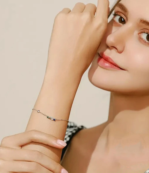 Dört Renkli Aşk Doğaltaşlı Kalpli Kadın Gümüş Bileklik - Resim 2