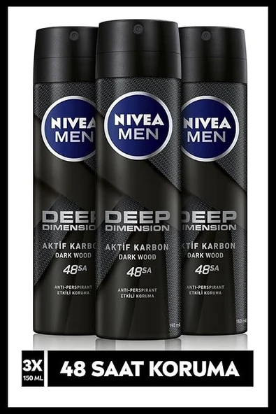 NIVEA Men Erkek Sprey Deodorant Deep Dimension 150 Ml X3 Adet - 48 Saat Anti-Perspirant Koruma ürün görseli