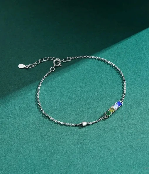 Dört Renkli Aşk Doğaltaşlı Kalpli Kadın Gümüş Bileklik - Resim 3