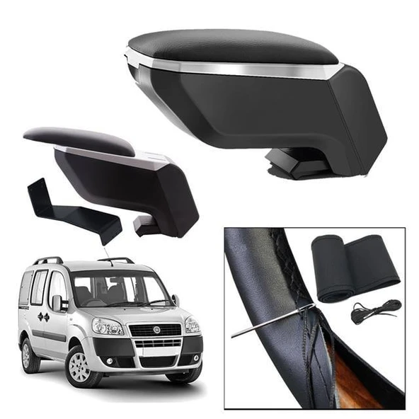 Lüks Set Fiat Doblo 2005 Delmesiz Çelik Ayaklı Gri-Siyah Kolçak Kol Dayama, Direksiyon Kılıfı - 1
