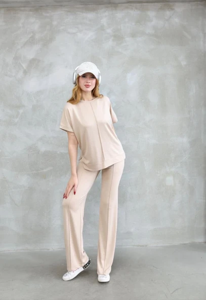 Osy Modal Yumuşak Dokulu Kumaş Bisiklet Yaka Kısa Kollu Takım - Bej ürün görseli