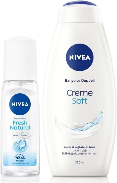 NIVEA Kadın Pump Sprey Deodorant Fresh Natural 75ml ve Creme Soft Yoğun Nemlendirici Duş Jeli 750ml