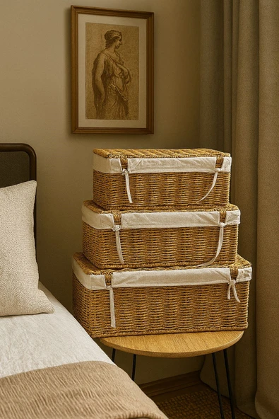 3’lü Lüks Rattan Görünümlü Sepet Seti – Keten Astar, Kapaklı Hasır Saklama Kutusu, Dekoratif Düzenleyici - 2