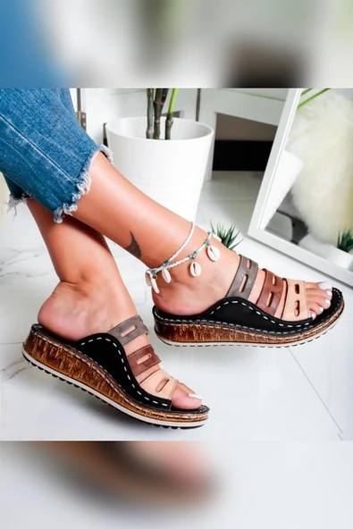 Hakiki Deri Siyah Comfort Lazer Kesim Kadın Terlik - Resim 2