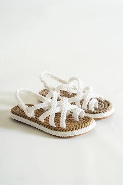 Artico Azuras Beyaz Çapraz Bantlı Halat Sandalet - Resim 4