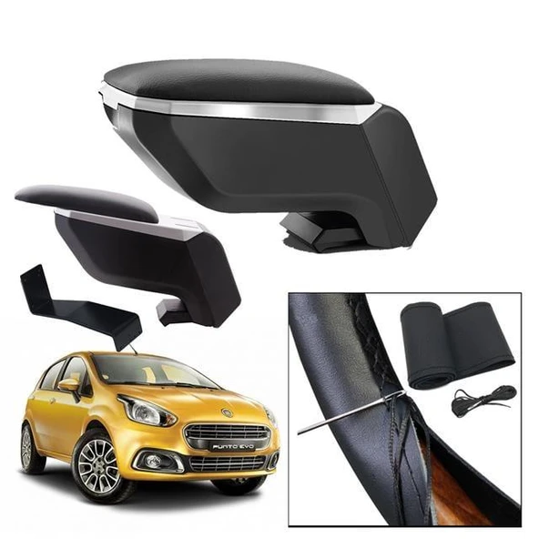 Lüks Set Fiat Punto Evo 2018 Delmesiz Çelik Ayaklı Gri-Siyah Kolçak Kol Dayama, Direksiyon Kılıfı ürün görseli 1