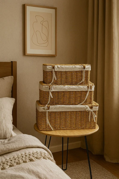 3’lü Lüks Rattan Görünümlü Sepet Seti – Keten Astar, Kapaklı Hasır Saklama Kutusu, Dekoratif Düzenleyici - 3