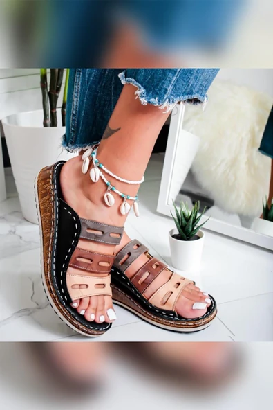 Hakiki Deri Siyah Comfort Lazer Kesim Kadın Terlik - Resim 3