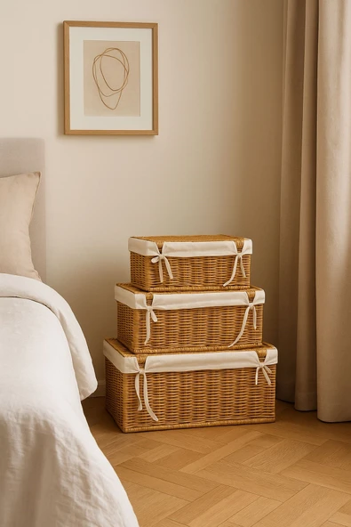 3’lü Lüks Rattan Görünümlü Sepet Seti – Keten Astar, Kapaklı Hasır Saklama Kutusu, Dekoratif Düzenleyici