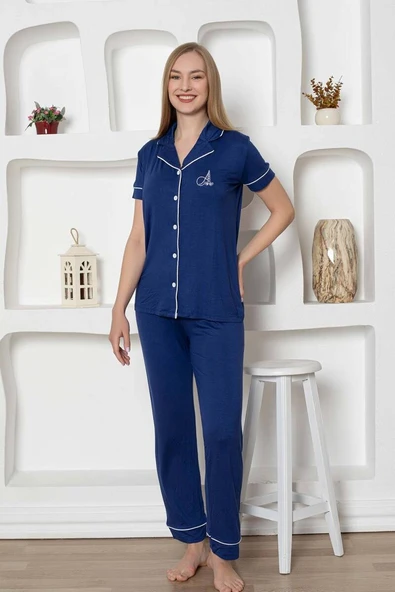 Kadın Likralı Pamuklu Penye Mevsimlik Boydan Önden Düğmeli Gömlek Yaka Kısa Kol Pijama Takımı - 3