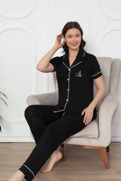 Kadın Likralı Pamuklu Penye Mevsimlik Boydan Önden Düğmeli Gömlek Yaka Kısa Kol Pijama Takımı - 8