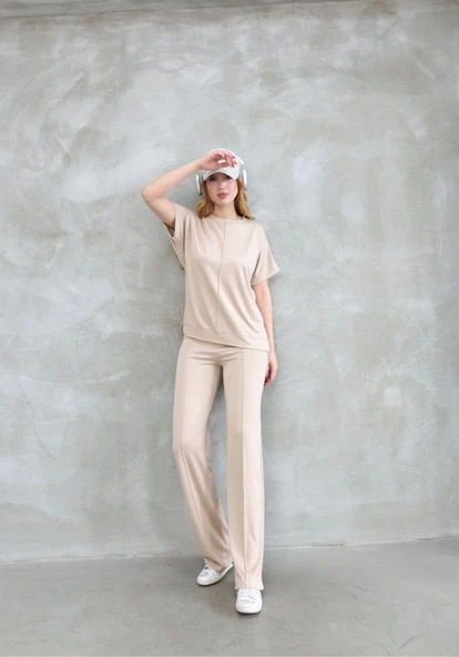 Osy Modal Yumuşak Dokulu Kumaş Bisiklet Yaka Kısa Kollu Takım - Bej - Resim 4