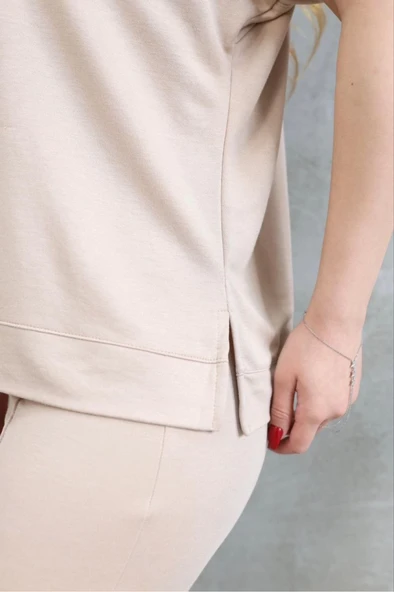 Osy Modal Yumuşak Dokulu Kumaş Bisiklet Yaka Kısa Kollu Takım - Bej - Resim 2