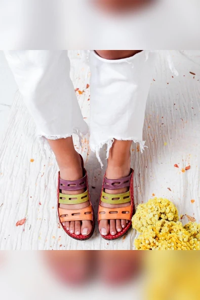 Hakiki Deri Kırmızı Oranj Yeşil Mor Lazer Kesim Tam Anatomik Kadın Terlik - Resim 4