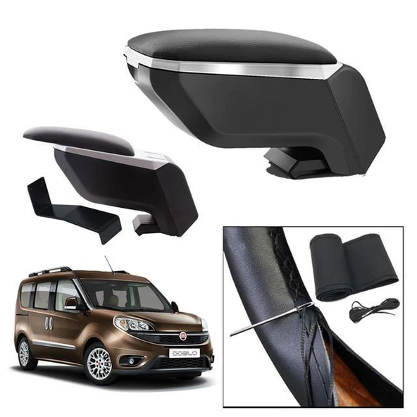 Lüks Set Fiat Doblo 2 2011 Delmesiz Çelik Ayaklı Gri-Siyah Kolçak Kol Dayama, Direksiyon Kılıfı ürün görseli