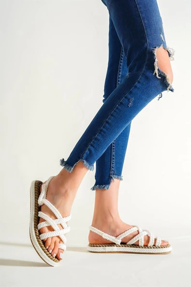 Artico Azuras Beyaz Çapraz Bantlı Halat Sandalet - Resim 3