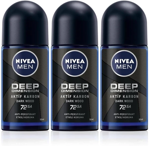 NIVEA MEN Erkek Roll-on Deodorant Deep Dimension 50ml, 48 Saat Koruma, X3 Adet ürün görseli