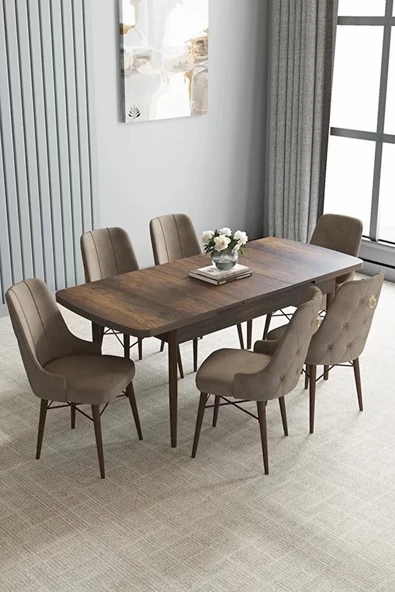 Loft Barok Desen 80x132 Açılabilir Mdf Masa Yemek Odası Takımı, Mutfak Takımı 6 Sandalye Cappucino - 2