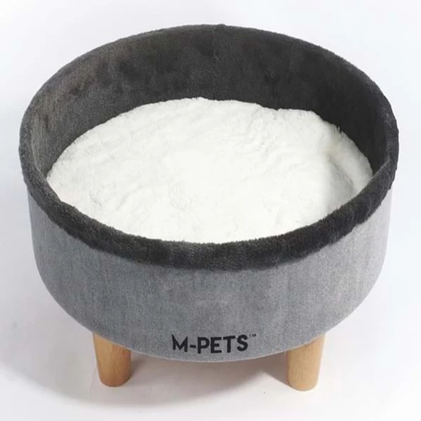 M-Pets Round Elevated Ahşap Ayaklı Kedi Yatağı Gri 47x47x26Cm