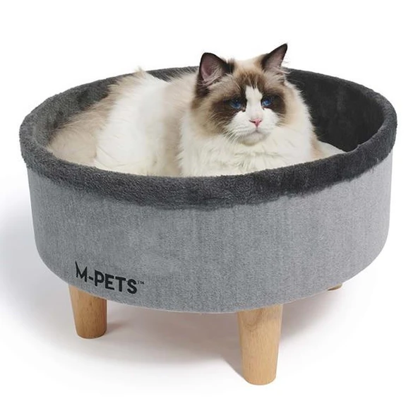 M-Pets Round Elevated Ahşap Ayaklı Kedi Yatağı Gri 47x47x26Cm - 2
