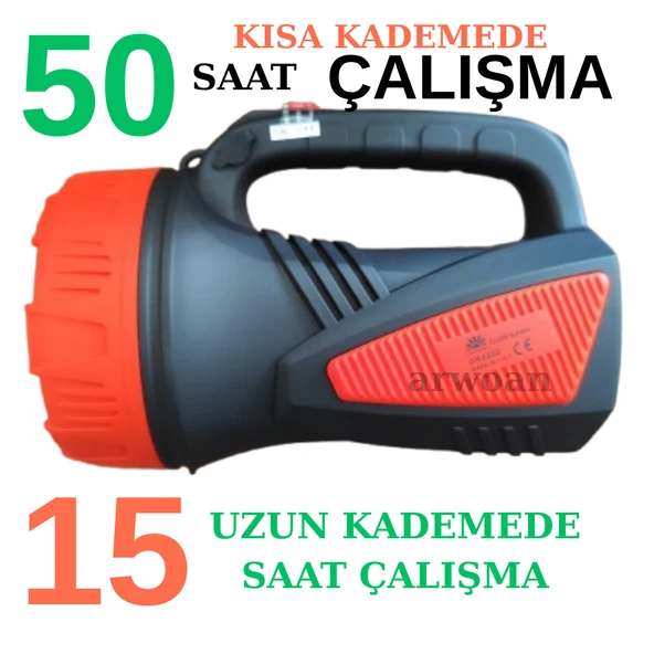Şarjlı LED Projektör El Feneri | 50 Saat Kısa Kademe - 15 Saat Uzun Kademe | Kamp, Balıkçılık, Acil Durum