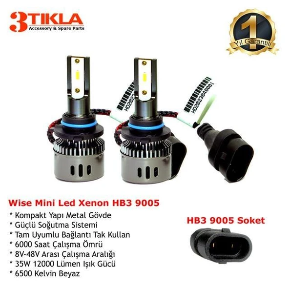 Wise Beyaz HB3 9005 Mini Led Xenon Şimşek Etkili 12000 Lümen - Resim 2