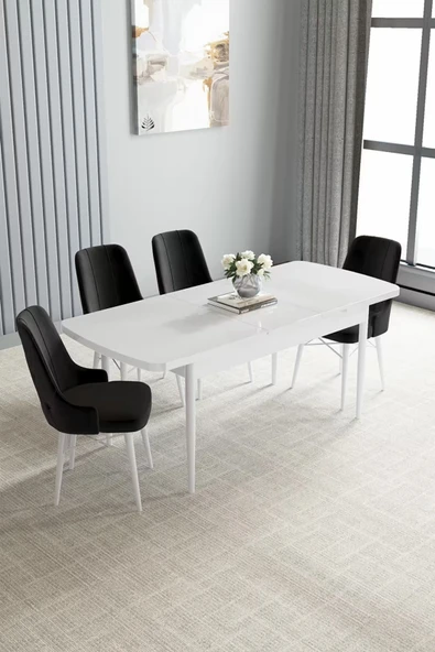 Loft Beyaz 80x132 Açılabilir Mdf Masa Yemek Odası Takımı, Mutfak Takımı 4 Adet Sandalye Siyah - 2