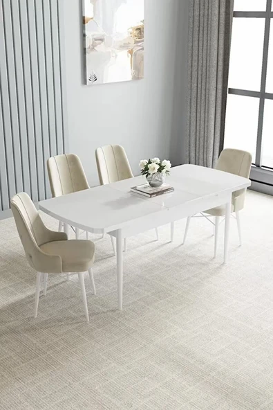 Loft Beyaz 80x132 Açılabilir Mdf Masa Yemek Odası Takımı, Mutfak Takımı 4 Adet Sandalye Krem - 2