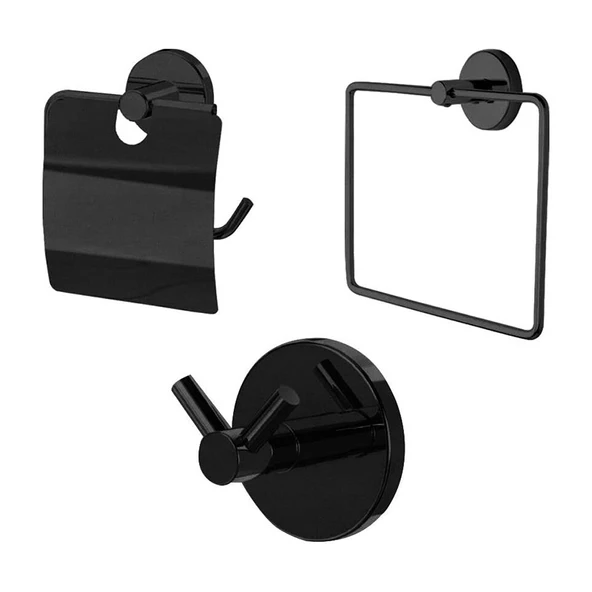 Dekor Banyo 3'lü Set Siyah F 500 04 Set Havluluk Kağıtlık İkili Askı - 1