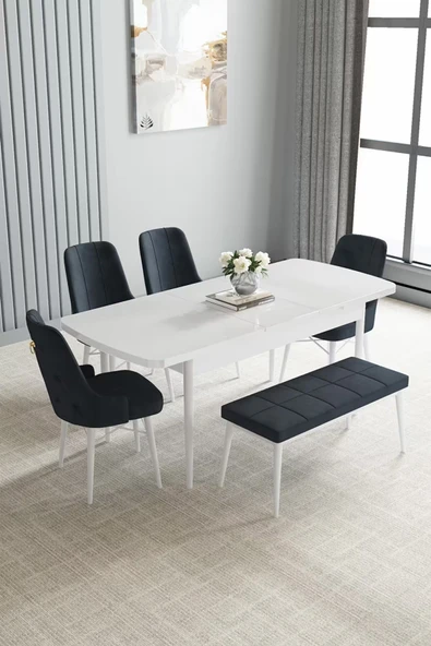Loft Beyaz 80x132 Açılabilir Mdf Masa Yemek Odası Takımı, Mutfak Takımı 4 Sandalye, 1 Bench Antrasit - 2