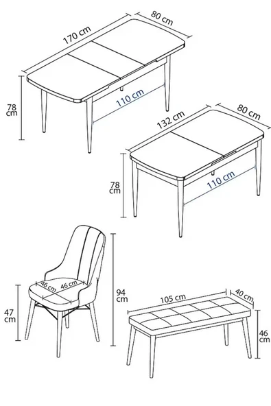 Loft Beyaz 80x132 Açılabilir Mdf Masa Yemek Odası Takımı, Mutfak Takımı 4 Sandalye, 1 Bench Antrasit - 5