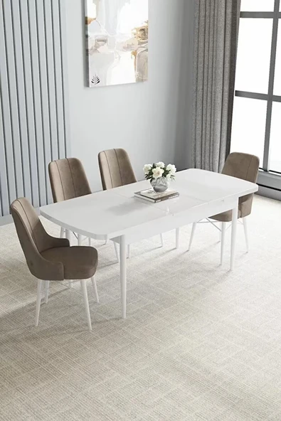 Loft Beyaz 80x132 Açılabilir Mdf Masa Yemek Odası Takımı, Mutfak Takımı 4 Adet Sandalye Cappucino - 2